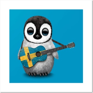 Baby Penguin Playing Swedish Flag Guitar Posters and Art